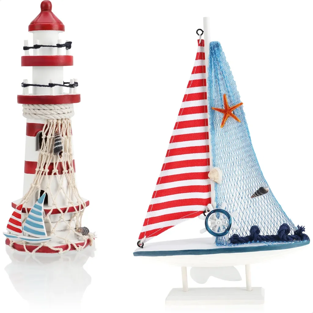 com-four Deko Set Schiff Leuchtturm 2tlg