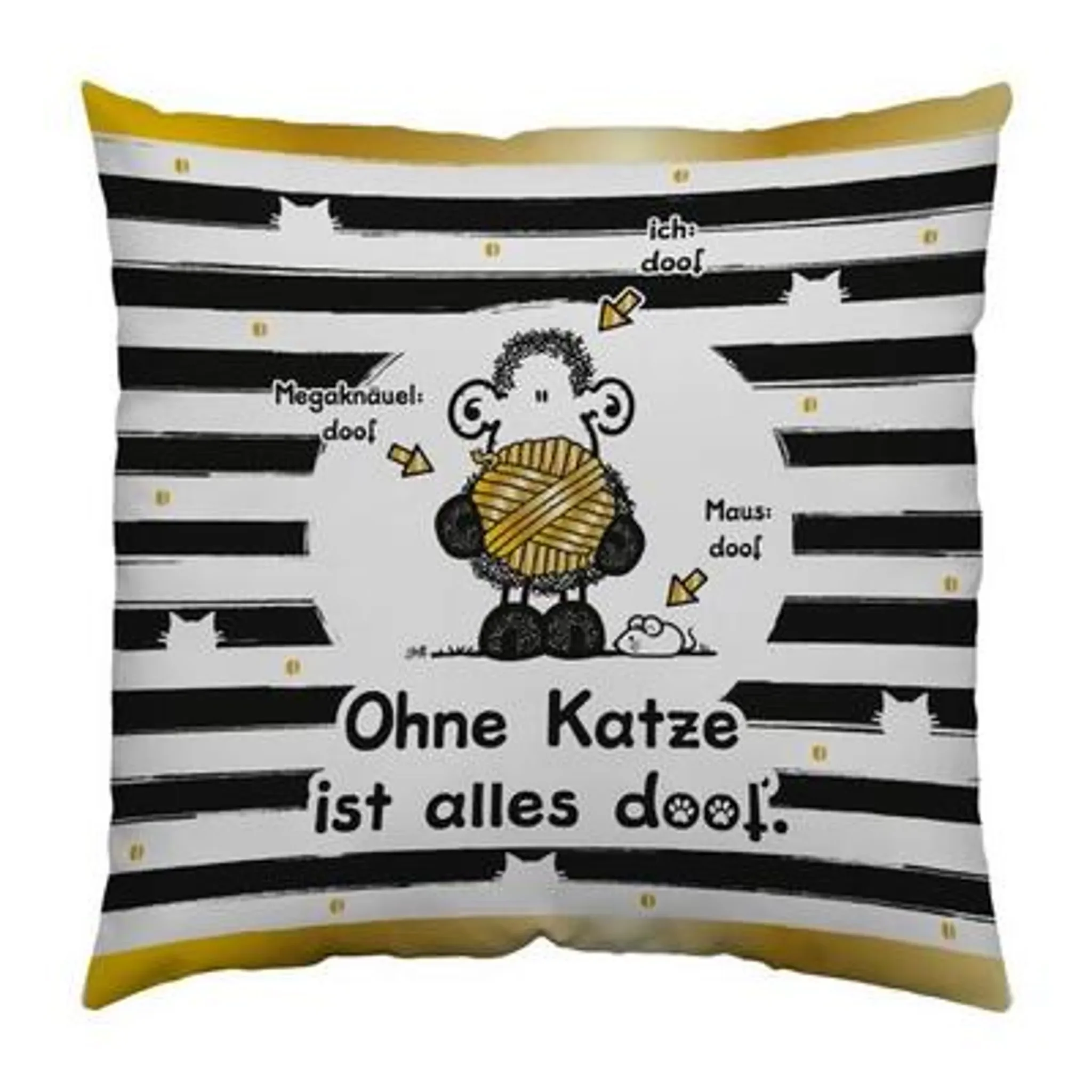 Sheepworld Dekokissen „Ohne Katze ist alles doof“ 30×30 cm – Schwarz/Weiß/Gold